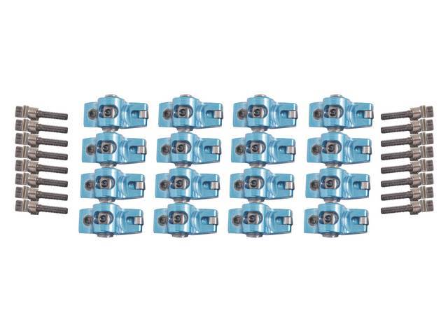Rocker Arm Set, Aluminum Roller, Proform, 1.7 Ratio, Pedestal Style Mount, 5/16 Inch Mounting Bolt Size, Designed To Increase Performance And Reduce Friction