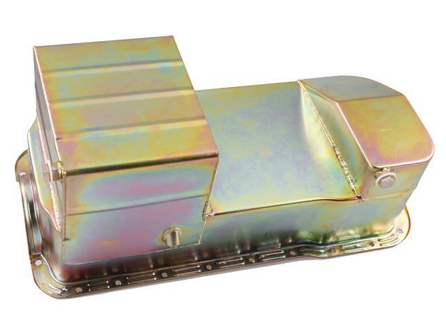 Oil Pan, Zinc Plated, Drag Racing Style, 7 Quart Dual Sump Design, Incl Dual Drain Plugs, Must Use M-6622-13zr Oil Pump Pickup