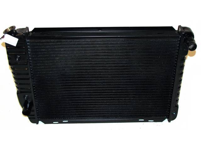 Radiator, Oe Style, Down Flow, Black Finish, Copper / Brass Construction, 24 1/2 Inch X 17 1/4 Inch X 2 Inch, 3 Row, Inlet 1 1/4 Inch Rh, Outlet 1 1/4 Inch Rh, Side Mount, W/ 8 Inch Trans Cooler, Repro