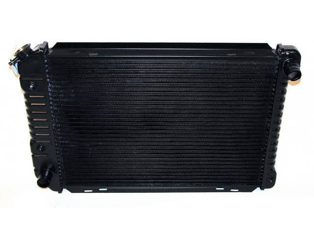 Radiator, Oe Style, Cross Flow, Black Finish, Copper / Brass Construction, 24 1/2 Inch X 17 3/4 Inch X 2 Inch, 3 Row, Inlet 1 1/4 Inch Rh, Outlet 1 1/2 Inch Lh, Saddle Mount, W/ 8 Inch Trans Cooler, Repro