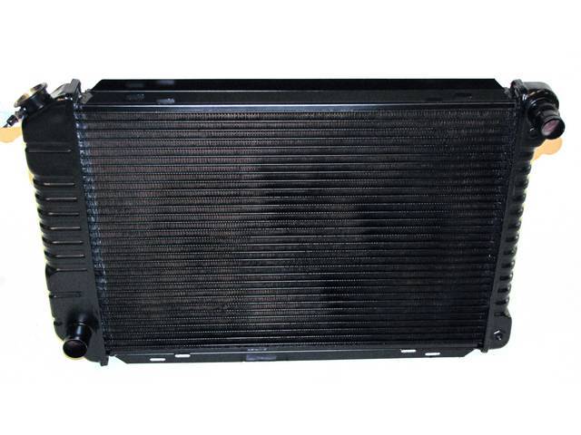 Radiator, Oe Style, Cross Flow, Black Finish, Copper / Brass Construction, 24 1/2 Inch X 17 3/4 Inch X 2 Inch, 3 Row, Inlet 1 1/4 Inch Rh, Outlet 1 1/2 Inch Lh, Saddle Mount, Repro