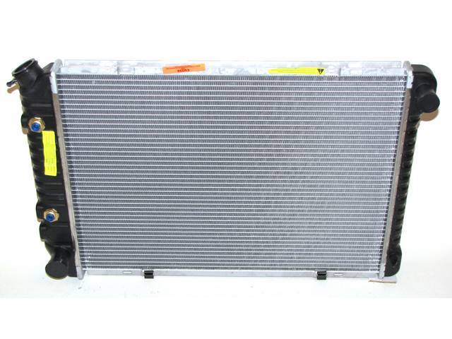 Radiator, Cross Flow, Aluminum W/ Plastic Side Tanks,24 1/2 Inch X 18 Inch X 1 1/4 Inch, 1 Row, Inlet 1 1/4 Inch Rh, Outlet 1 1/2 Inch Lh, Cradle Mount, 8 Inch Trans Cooler, Repro
