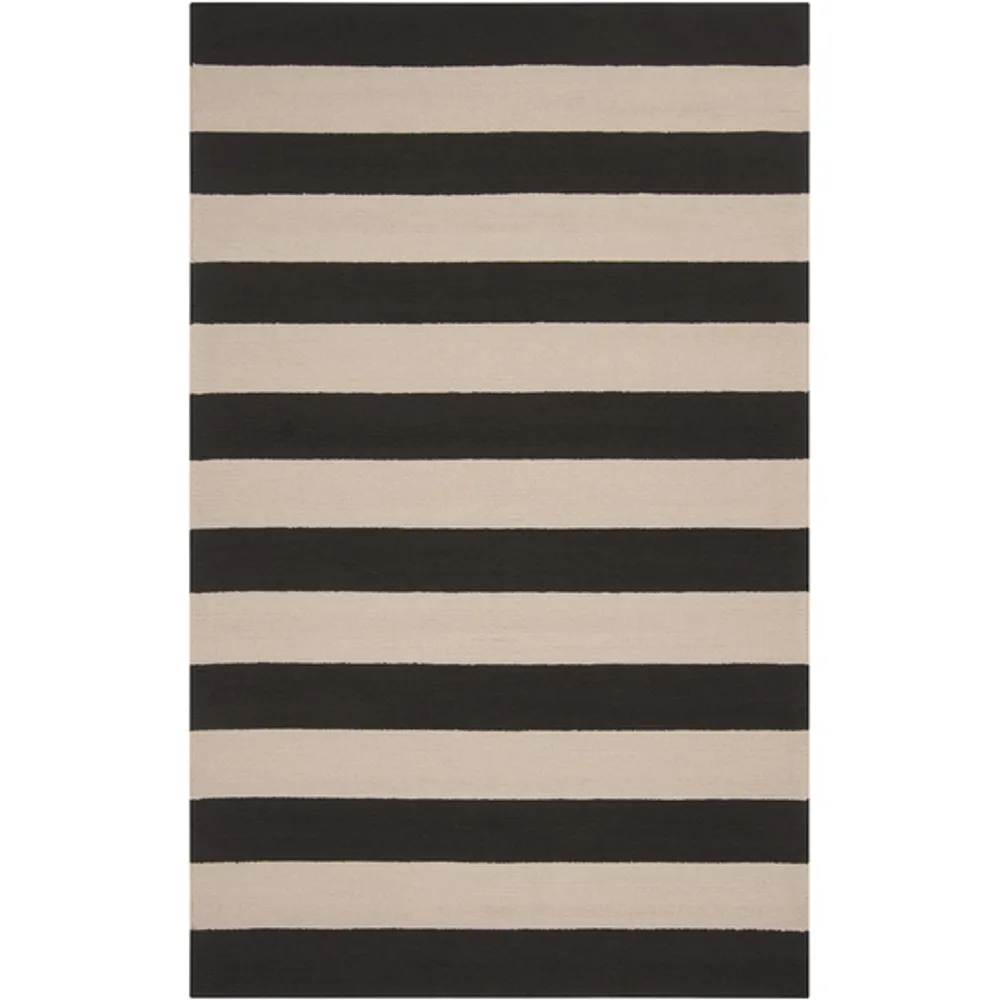 9′ x 12′ Striped Black and Beige Hand Hooked Outdoor Area Throw Rug