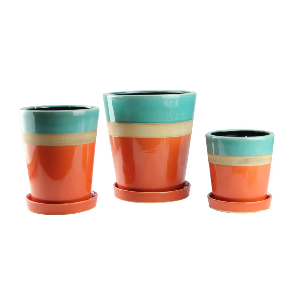 Set of 3 Round Orange, Green, and Tan Striped Planters