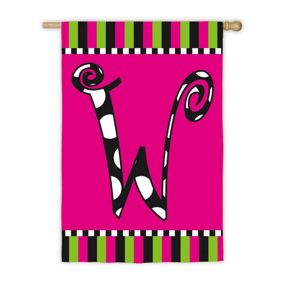Twirly Curly Pink Polka Dots and Stripes Monogrammed “W” Outdoor Flag 43″ x 28″