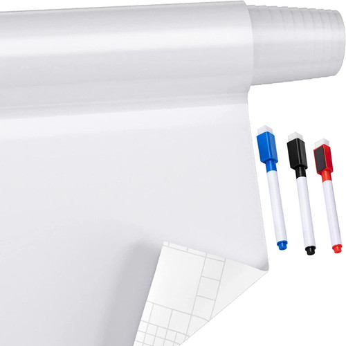 White Board Paper, 6x4 ft Dry Erase Whiteboard Paper w/ Adhesive Backing, Removable Peel and Stick PET Surface, No Ghost for Kids Home and Office, 3 Markers, 4 Push Pin Magnets & Eraser