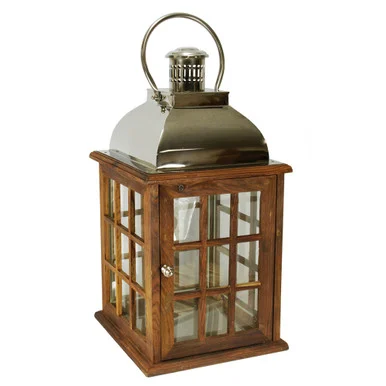 Oversized Modern Sheesham Wood Candle Lantern with Silver Metal Handle 30