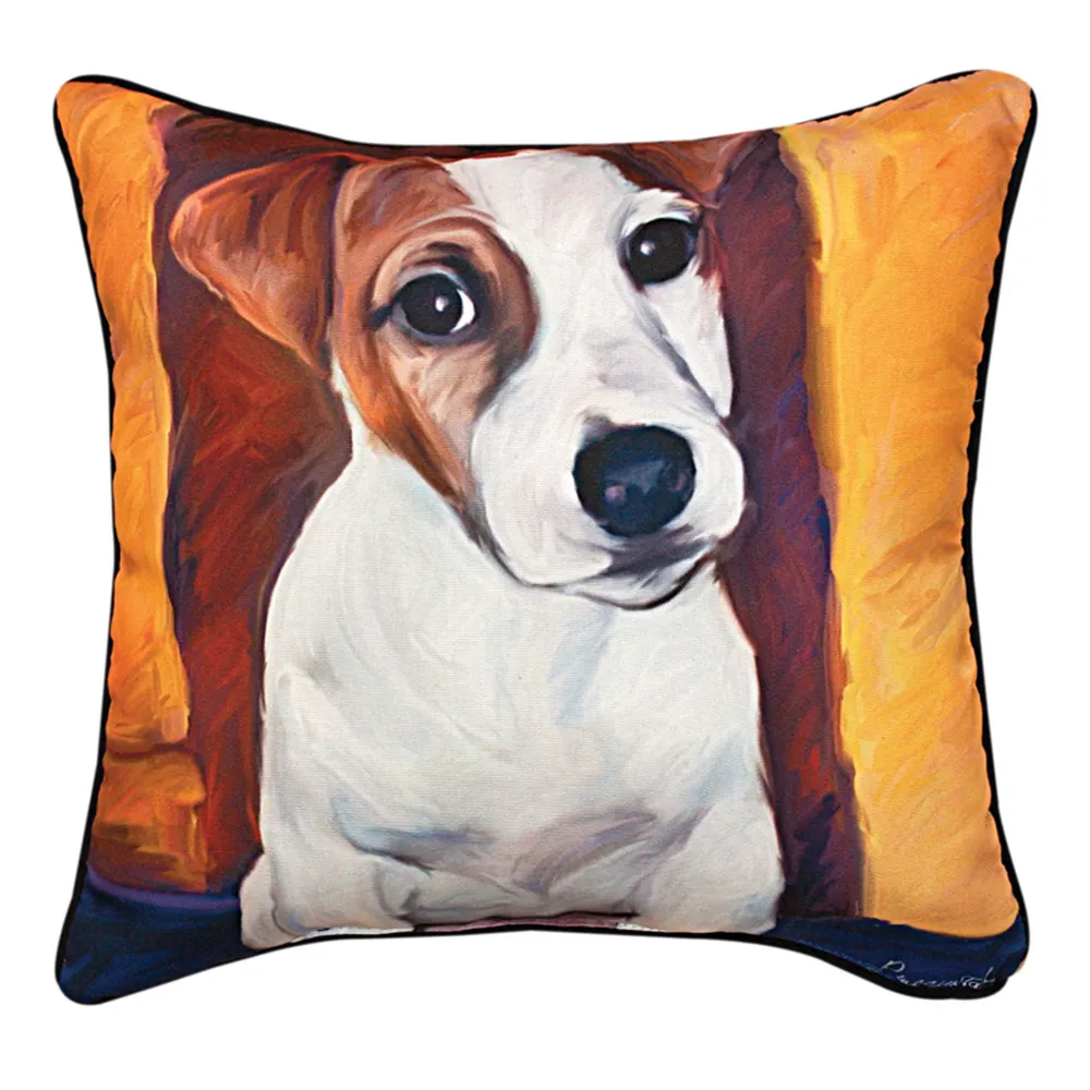 18″ White and Brown Jack Russell Outdoor Patio Square Throw Pillow