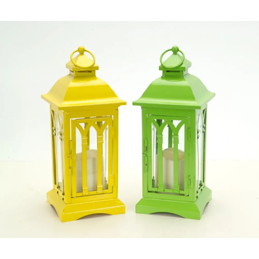 Pack of 4 Yellow and Green Battery Operated LED Lighted Pillar Candle Lantern with Timer 14.25″