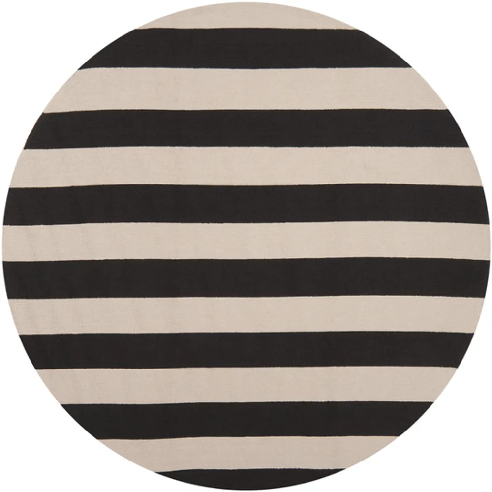 8′ Striped Black and Beige Hand Hooked Round Outdoor Area Throw Rug