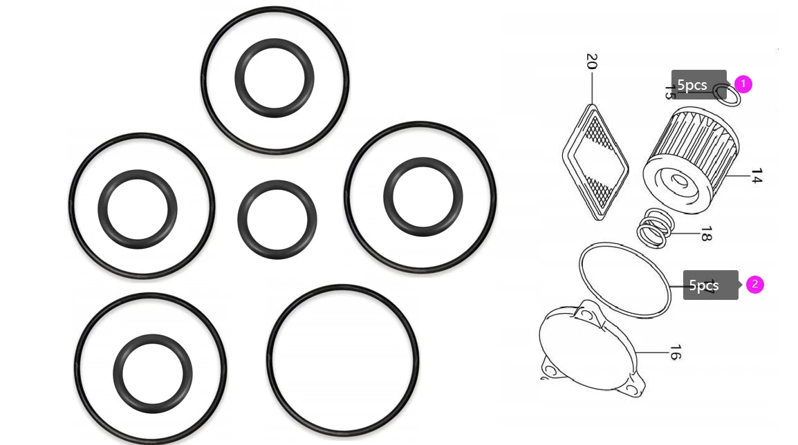 Set of 5 Oil Filter O-Ring Seal Kit for Suzuki DF 9.9 15 20 (09280-54001, 09280-13004)