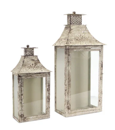 Set of 2 Vintage Antiqued Cream Wall Mounted Pillar Candle Lanterns – 20″