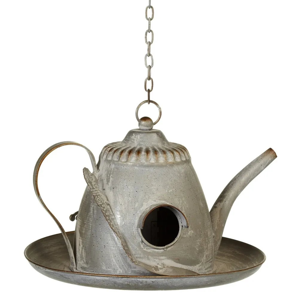 Set of 2 Hanging Teapot with Spoon Themed Metal Birdhouse with Hanger 10″