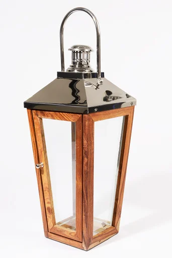 Stainless Steel Oversized Modern and Sheesham Wooden Pillar Candle Lantern 28.5