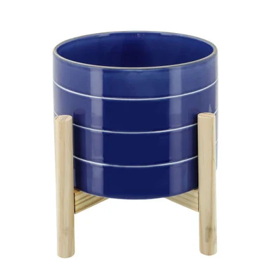 Striped Ceramic Planter with Stand – 8″ – Blue and Beige