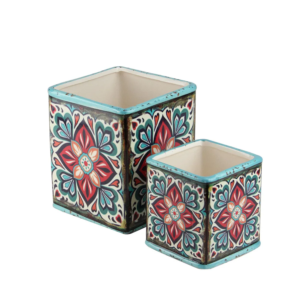 Set of 2 Aquamarine and Verdigris Blue Ceramic Planter Square Pots 6.5″