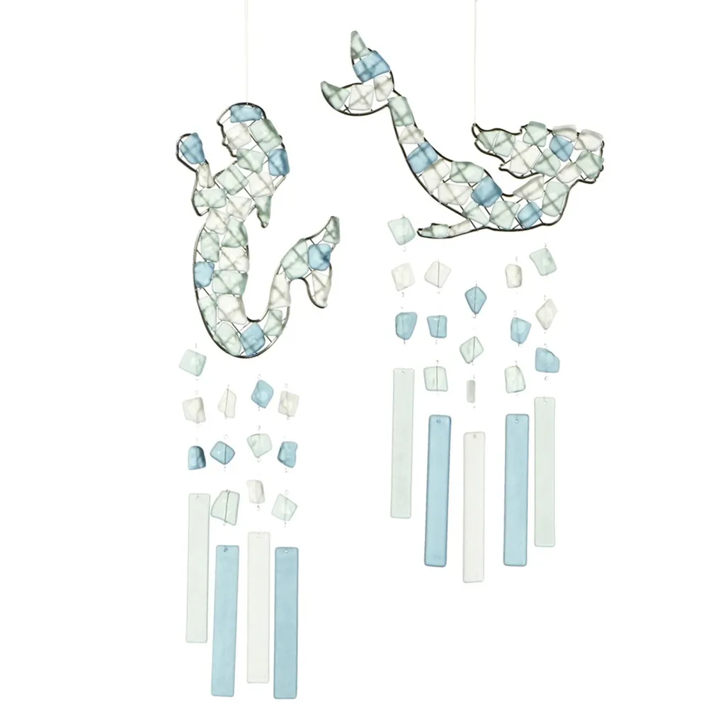 Set of 4 Blue and Green Sea Glass Mermaid Decorative Wind Chime 17″