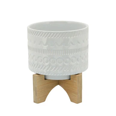 Tribal Ceramic Planter with Stand – 6″ – White and Brown