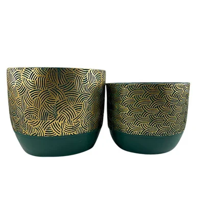 Two Toned Swirl Planters – 13″ – Green and Gold – Set of 2