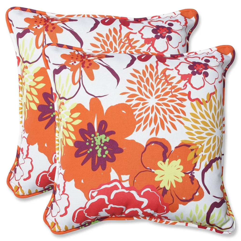 Set of 2 Floreale Spruzzata Red and Yellow Floral Outdoor Corded Square Throw Pillows 18.5″