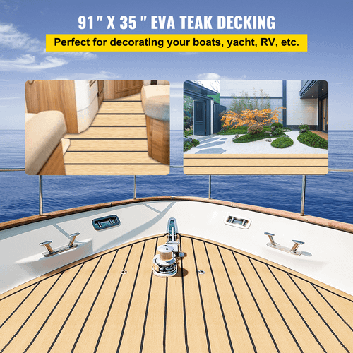 EVA Foam Faux Teak Boat Decking Sheet 90.5 X 35.4 Inch 5MM Thick Boat Flooring Decking Non-Skid Self-Adhesive for Marine Yacht RV Swimming Pool Garden (Golden+Black Seam)