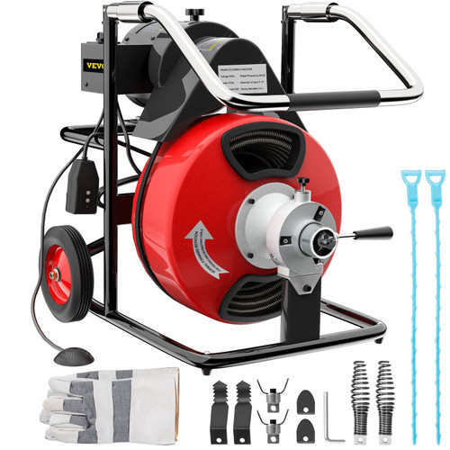 50FT x 1/2 Inch Electric Drain Auger Auto Feed 250W fit 2" to 4" Pipes Portable Sewer Snake Drill, with 2 Sets of Cutters and Foot Switch, Red