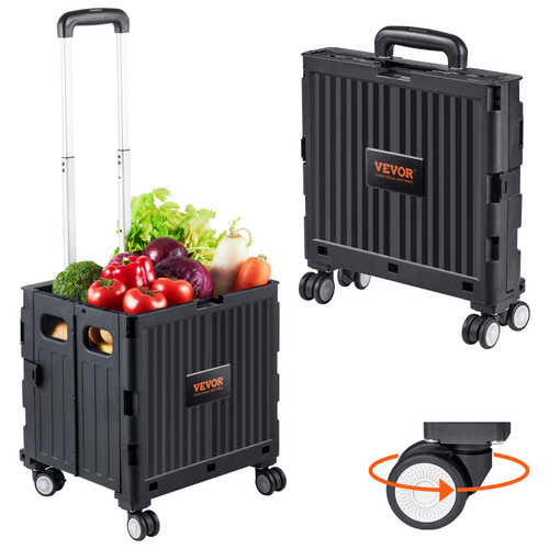 Foldable Utility Cart, 110 lbs Load Capacity, Folding Portable Rolling Crate Handcart with Heavy Duty Telescoping Handle and 4 Rotate Wheels for Travel Shopping Moving Luggage Office Use, Black