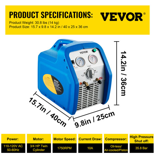 Refrigerant Recovery Machine, 110V-120V AC 60Hz 3/4HP, Dual Cylinder Oil-less, Portable Recovery Unit, for Both Liquid and Vapor Refrigerant, Air Condition Blue