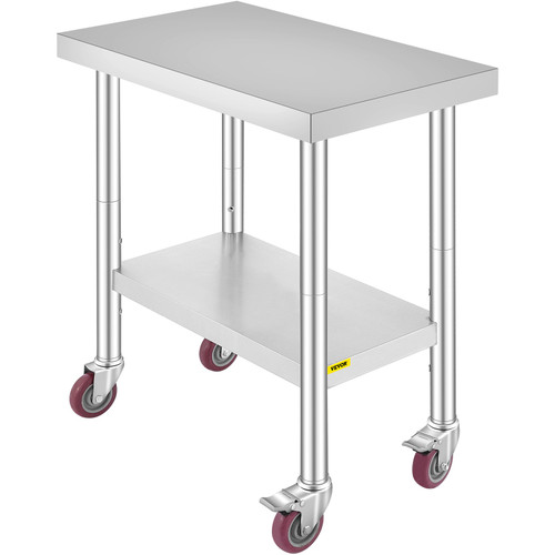30x18x34 Inch Stainless Steel Work Table 3-Stage Adjustable Shelf with 4 Wheels Heavy Duty Commercial Food Prep Worktable with Brake for Kitchen Prep Work