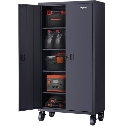 Rolling Metal Storage Cabinet w/ 4 Adjustable Shelves & Lockable Door