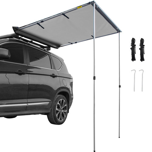 Car Side Awning, 4.6'x6.6', Pull-Out Retractable Vehicle Awning Waterproof UV50+, Telescoping Poles Trailer Sunshade Rooftop Tent w/ Carry Bag for Jeep/SUV/Truck/Van Outdoor Camping Travel, Grey