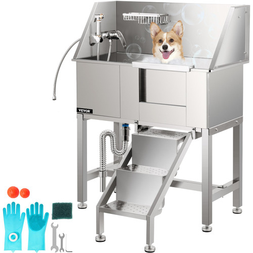 Pet Grooming Tub, Stainless Steel Dog Wash Station Pet Washing Station 34" Dog Washing Station Water-Resistant Grooming Tub for Dogs with Removable Door & Ladder on The Right
