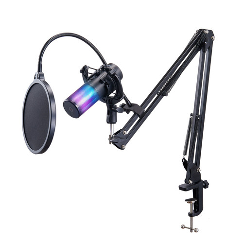 USB Microphone, 192 kHz/24-bit, Professional Condenser Microphone Kit with Boom Arm Stand Pop Filter Shock Mount, 11 RGB Lighting Effects Mute Button Headphones Jack for Recording Gaming Singing