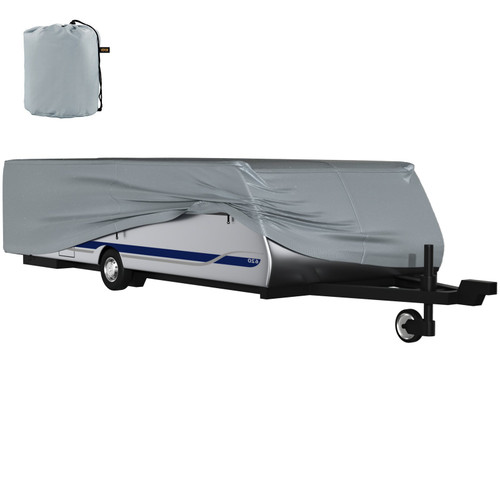 Pop Up Camper Cover, Fit for 12'-14' Trailers, Ripstop 4-Layer Non-Woven Fabric Folding Trailer Covers, UV Resistant Waterproof RV Storage Cover w/ 3 Wind-Proof Ropes and 1 Storage Bag, Gray