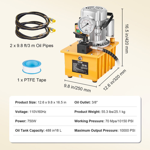 Electric Hydraulic Pump, 10000 PSI 750W 110V, 488 cu in/8L Capacity, Single Acting Manual Valve, Electric Driven Hydraulic Pump Power Pack Unit with Lever Switch for Punching/Bending/Jack Machines