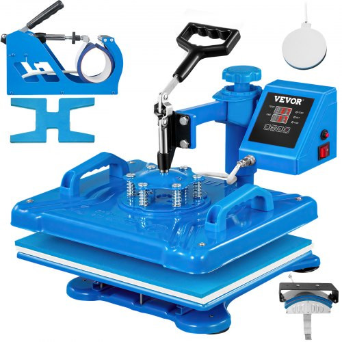Heat Press 12 X 15 Inch 5 in 1 Heat Press 1250 W Heat Press Machine Swing Away Heat Press T-Shirt 360 Degree Rotation Sublimation Printer Transfer for DIY Shoes Hat and Mugs (Blue)