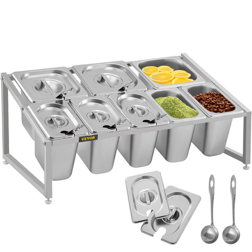 Expandable Spice Rack, 13.8"-23.6" Adjustable, 2-Tier Stainless Steel Organizer Shelf with 5 1/9 Pans 3 1/6 Pans, Heavy Duty Countertop Inclined Holder for Sauce Ingredients Fruits Restaurants