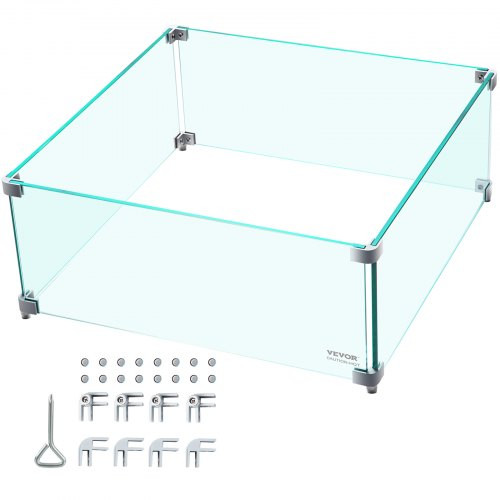 Fire Pit Wind Guard, 14 x 14 x 6 Inch Glass Wind Guard, Rectangular Glass Shield, 0.3" Thick Fire Table, Clear Tempered Glass Flame Guard, Steady Feet Tree Pit Guard for Propane, Gas, Outdoor