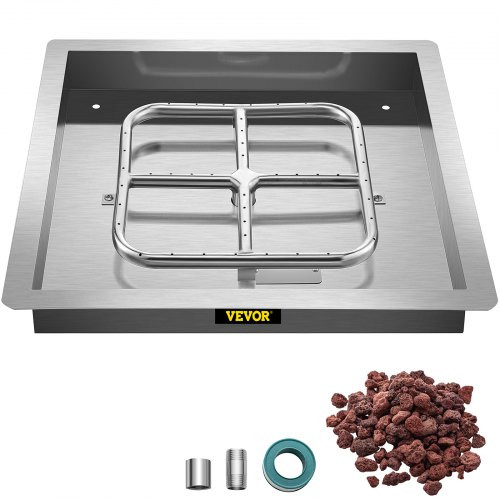 Drop in Fire Pit Pan, 24" x 24" Square Fire Pit Burner, Stainless Steel Gas Fire Pan, Fire Pit Burner Pan w/ 1 Pack Volcanic Rock Fire Pit Insert w/ 150K BTU for Keeping Warm w/ Family & Friends