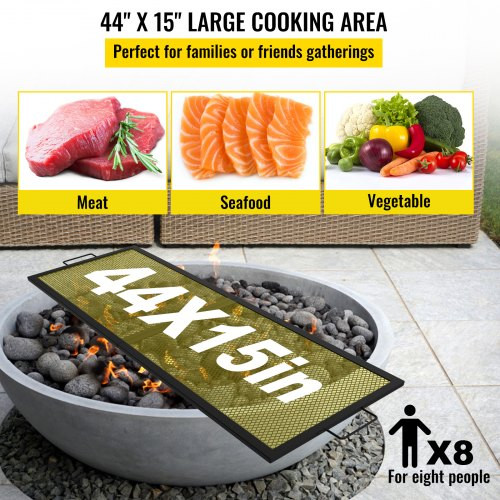 Fire Pit Cooking Grill Grate 44 x 15 in Foldable Rectangle Campfire BBQ Rack, Heavy Duty X-Marks with Portable Handle & Support Wire for Outdoor Picnic Party & Gathering, Black
