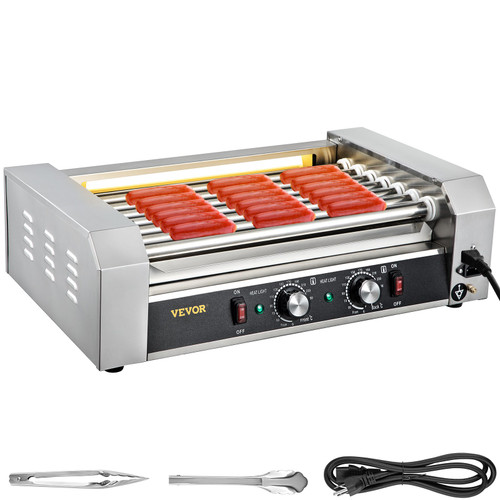 Hot Dog Roller, 18 Hot Dog Capacity 7 Rollers, 1050W Stainless Steel Cook Warmer Machine with Dual Temp Control, LED Light and Detachable Drip Tray, Sausage Grill Cooker for Kitchen Restaurant