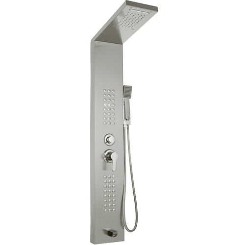 5 in1 Shower Panel Tower System Brushed Silver Stainless Steel Multi-Function Shower Panel with Spout Rainfall Waterfall Massage Jets Tub Spout Hand Shower for Home Hotel Resort Split Type