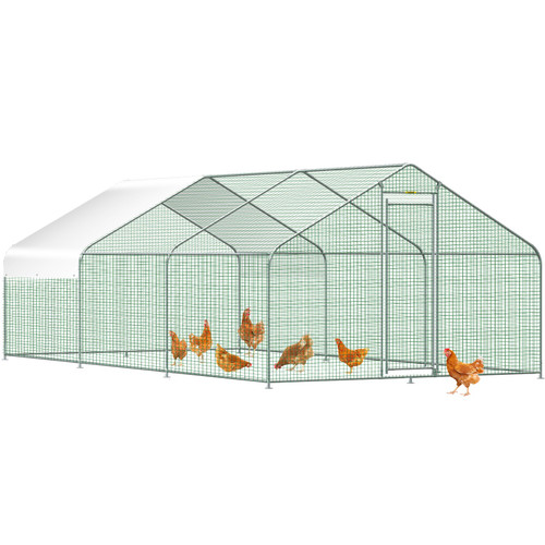 Large Metal Chicken Coop with Run, Walk in Chicken Run for Yard with Waterproof Cover, Outdoor Poultry Cage Hen House, 19.3x9.8x6.5ft Large Space for Duck Coops and Rabbit Runs, Silver