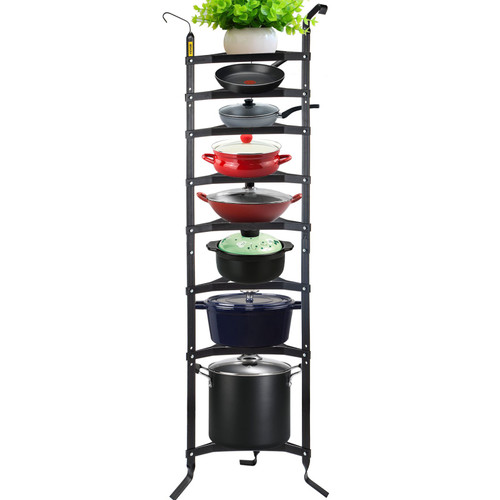 8-Tier Cookware Stand, 68-inch Multi-Layer Pot Rack, Carbon Steel Cookware Shelf, Cookware Storage Tower, Unassembled Kitchen Corner Shelf Rack for Pans, Pots, and Kettles, Matte Black