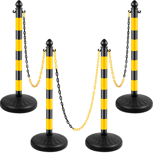 Plastic Stanchion, 4pcs Chain Stanchion, Outdoor Stanchion w/ 4 x 39.5in Long Chains, PE Plastic Crowd Control Barrier for Warning/Crowd Control at Garage, Construction Lot, Driveway, Elevator