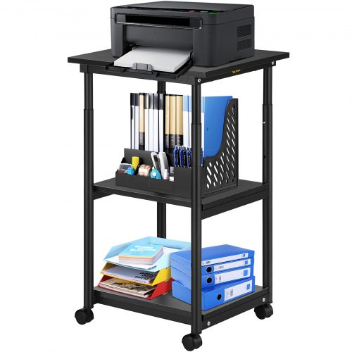 Printer Stand, 3 Tiers, Rolling Machine Cart with Adjustable Shelf & Lockable Wheels, Mobile Printer Table for Fax Scanner File Book in Home Office, 18.9 x 15.35 x 30.31 inch, Black