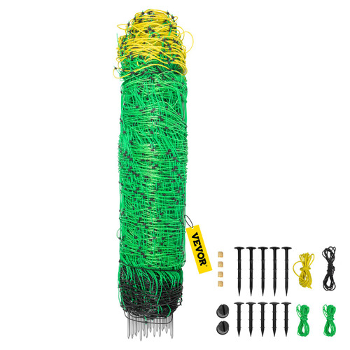 Electric Fence Netting, 42.5" H x 164' L, PE Net Fencing with 14 Posts Double Spiked, Utility Portable Mesh for Goats, Sheep, Lambs, Deer, Hogs, Dogs, Used in Backyards, Farms and Ranches, Green