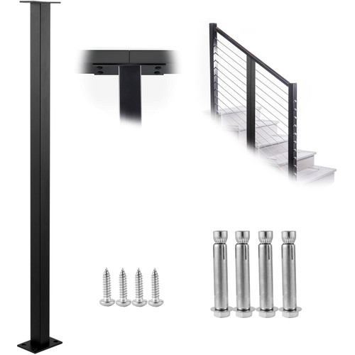 Cable Rail Post Level Deck Stair Post 36 x 1.5 x 1.5" Cable Handrail Post Stainless Steel Brushed Finishing Deck Railing DIY Picket Without Hole Stair Railing Kit with Mount Bracket Black