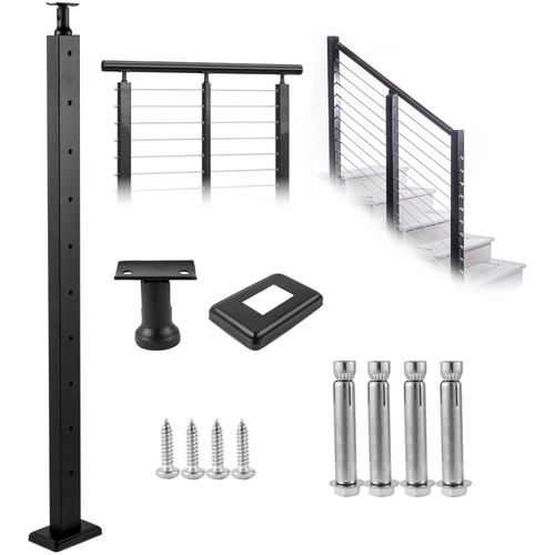 Cable Railing Post Level Deck Stair Post 42 x 1.97 x 1.97" Cable Handrail Post Stainless Steel Brushed Finishing Deck Railing Pre-Drilled Pickets with Mounting Bracket Stair Railing Kit Black