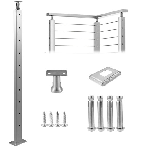Cable Railing Post Level Deck Stair Post 42 x 0.98 x 1.97" Cable Handrail Post Stainless Steel Wire Drawing Deck Railing DIY Picket Without Hole Stair Railing Kit with Mount Bracket Silver